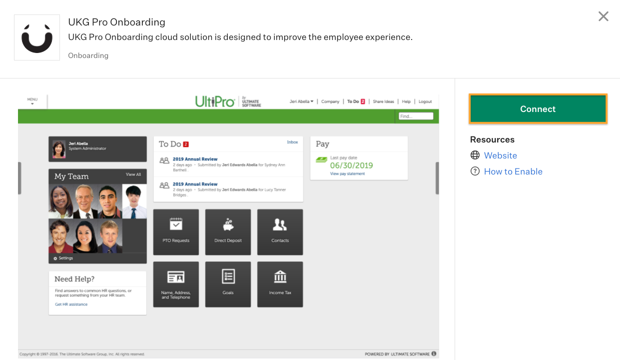 Greenhouse Recruiting shows the Integrations page with UKG Pro Onboarding integration highlighted
