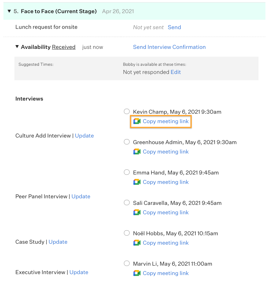 An example Google Meet is highlighted in marigold on a candidate profile beside the scheduled interview