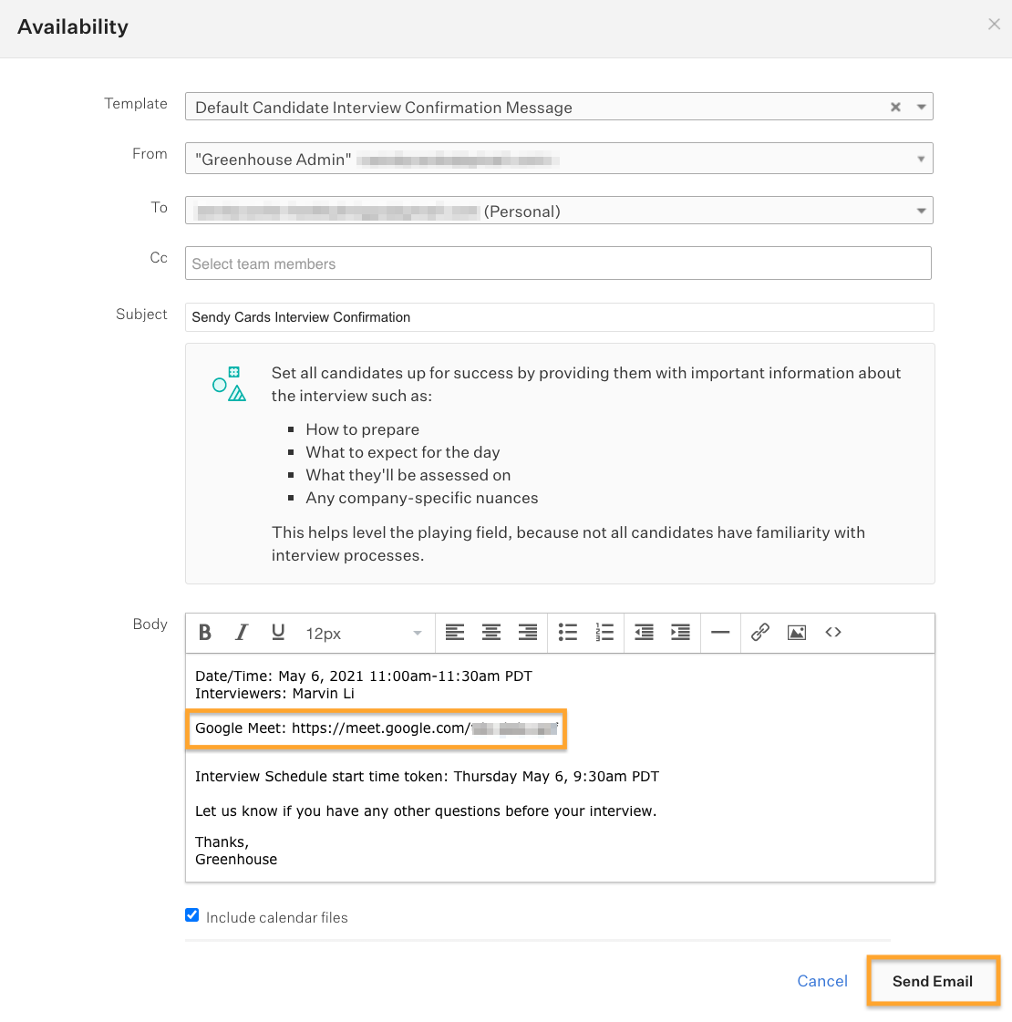 Google Meet integration Greenhouse Support