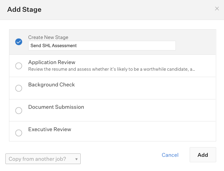 The Create New Stage fields shows the text 'Send SHL asssessment' entered
