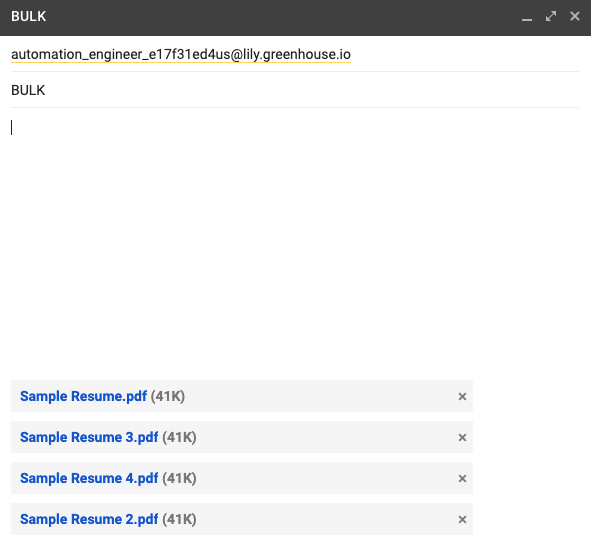 Screenshot of an email with multiple resumes attached and the word bulk in the email subject