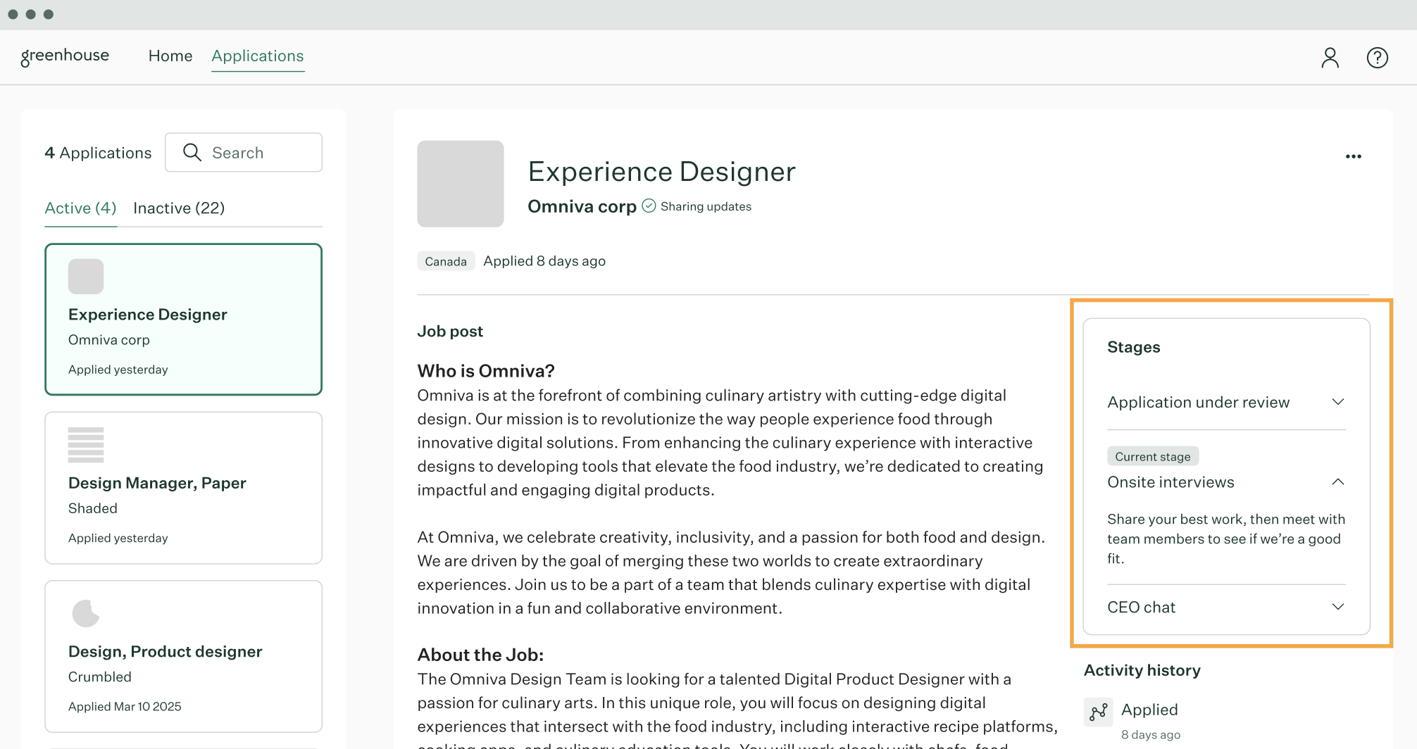 From a candidate's perspective, an application. Interview stages are displayed with descriptions.