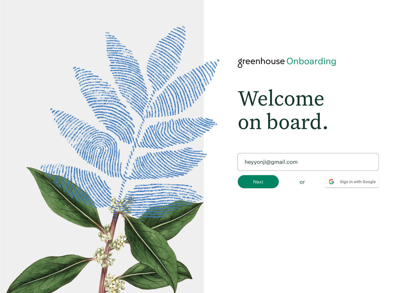 Greenhouse Onboarding login page with personal email address filled out