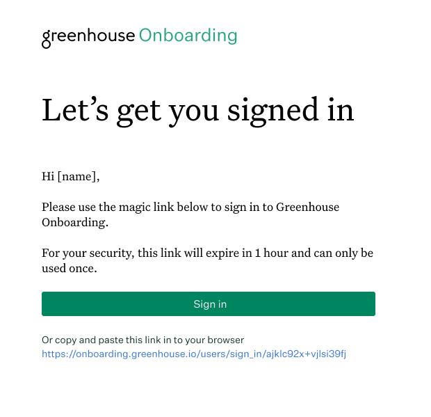 Email from Greenhouse Onboarding with a magic link sent to a personal email inbox