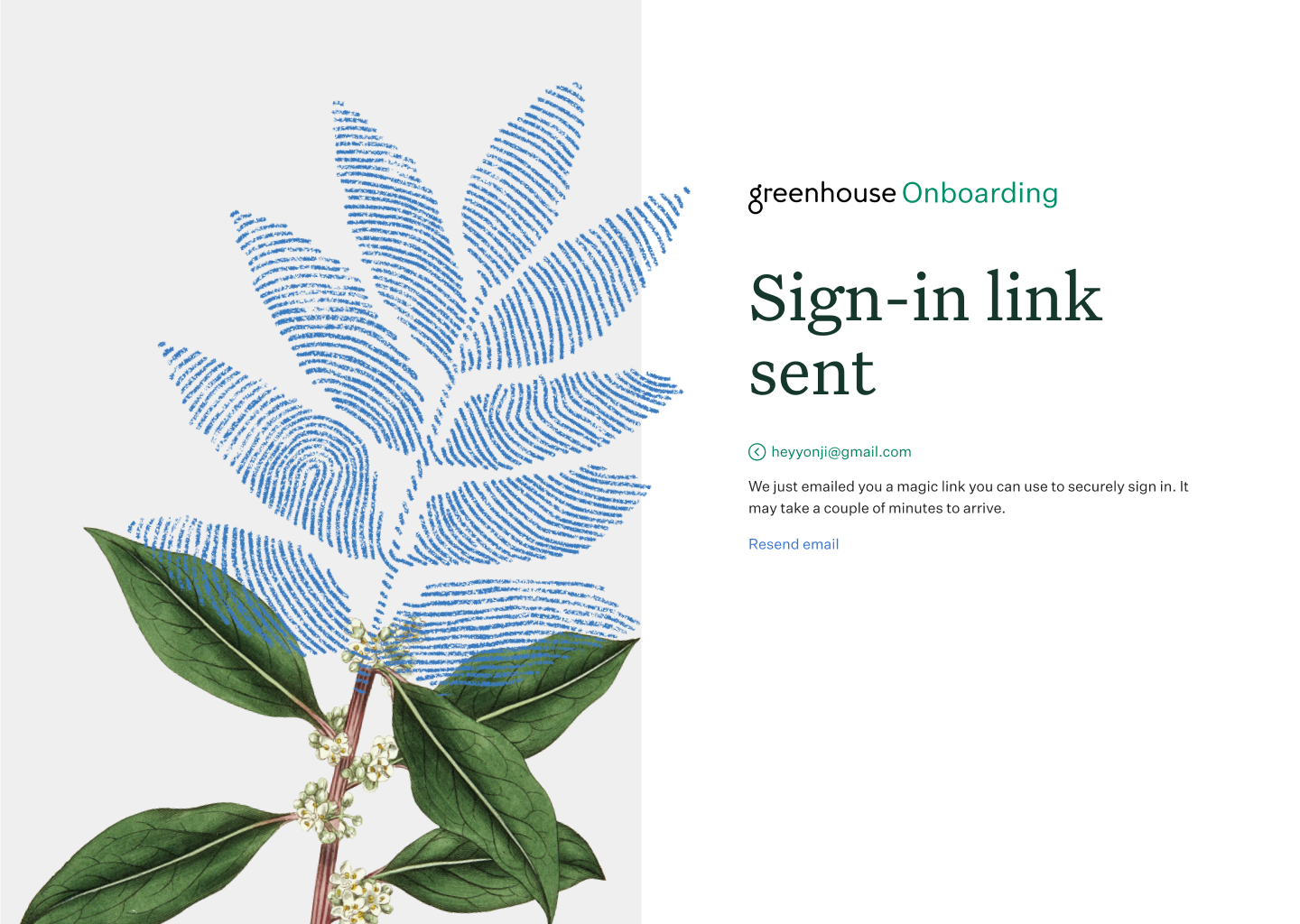 Greenhouse Onboarding login confirmation page with notice that a link has been sent