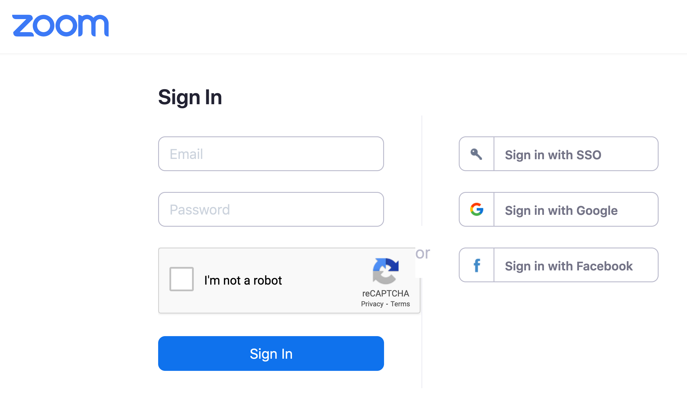 The Zoom platform shows a sign in page with a field for a username and password