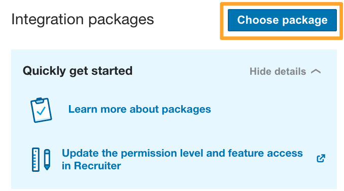 LinkedIn Recruiter System Connect integration options with Choose package button highlighted in marigold emphasis box