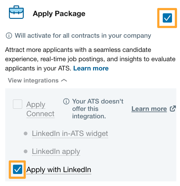 Apply Package selected on LinkedIn Recruiter System Connect integration