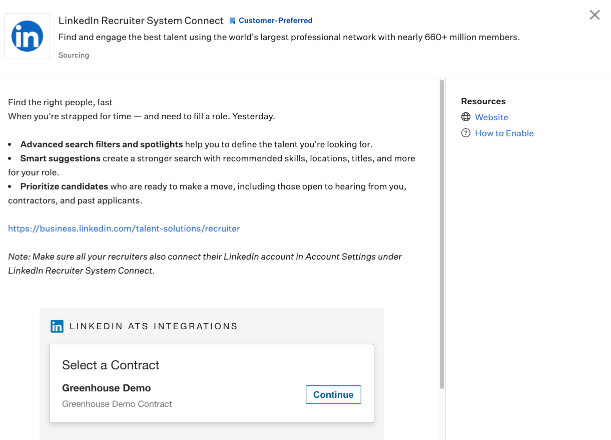 LinkedIn Recruiter System Connect integration options with Choose package button highlighted in marigold emphasis box