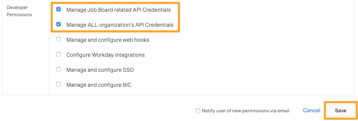 Can manage ALL organizations API credentials + Can manage Job Board API credentials