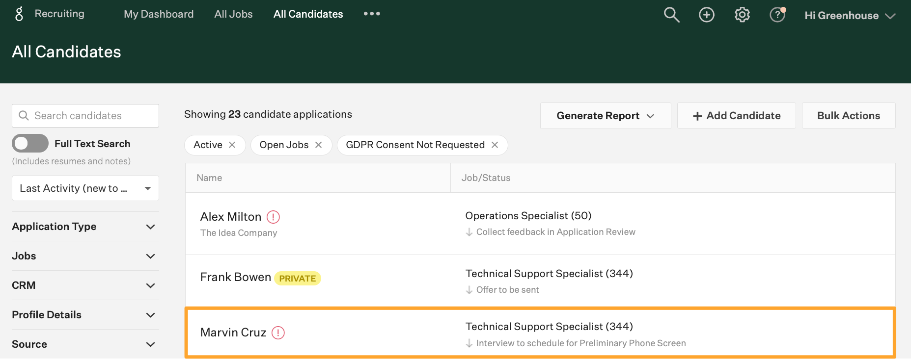 All Candidates: Select candidate requiring interview scheduling