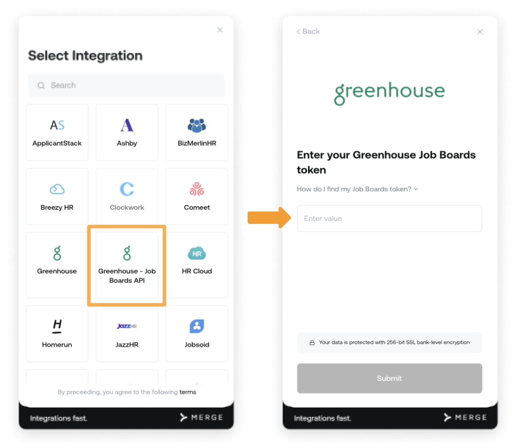 The MergeLink platform shows an example job board token selected