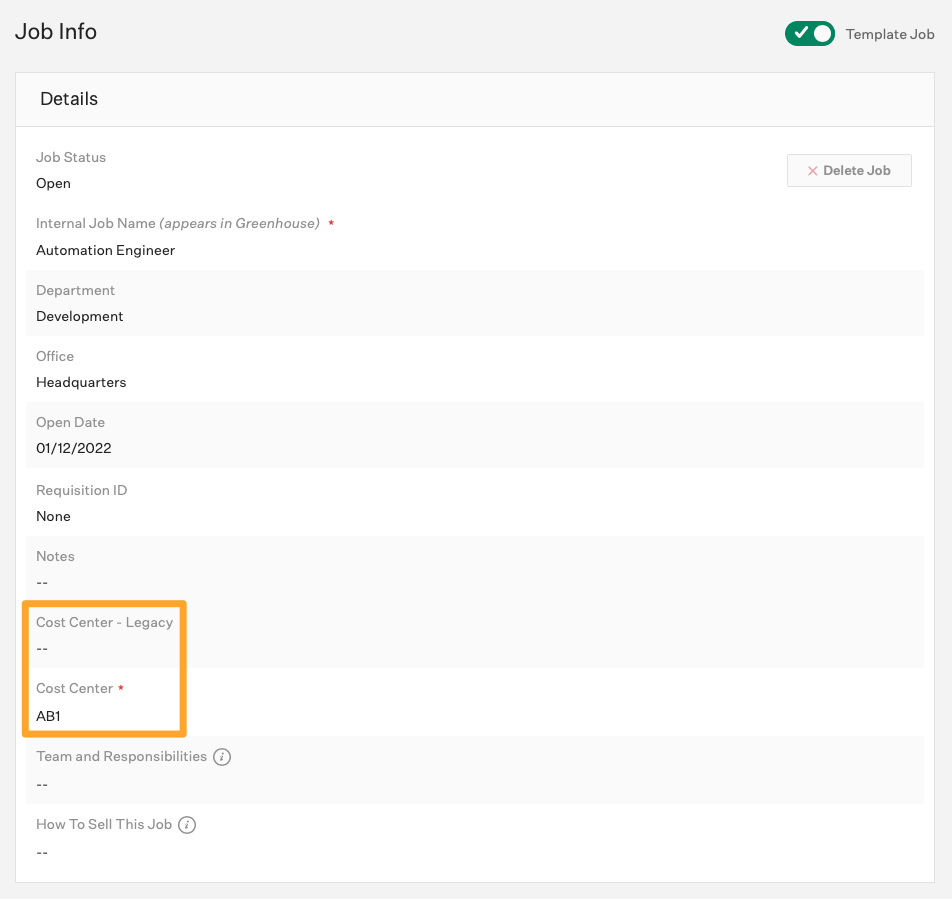 A job's information page shows the legacy custom job field 'Cost Center - Legacy' with no value, and the new custom job field 'Cost Center' with a value of LOC1.