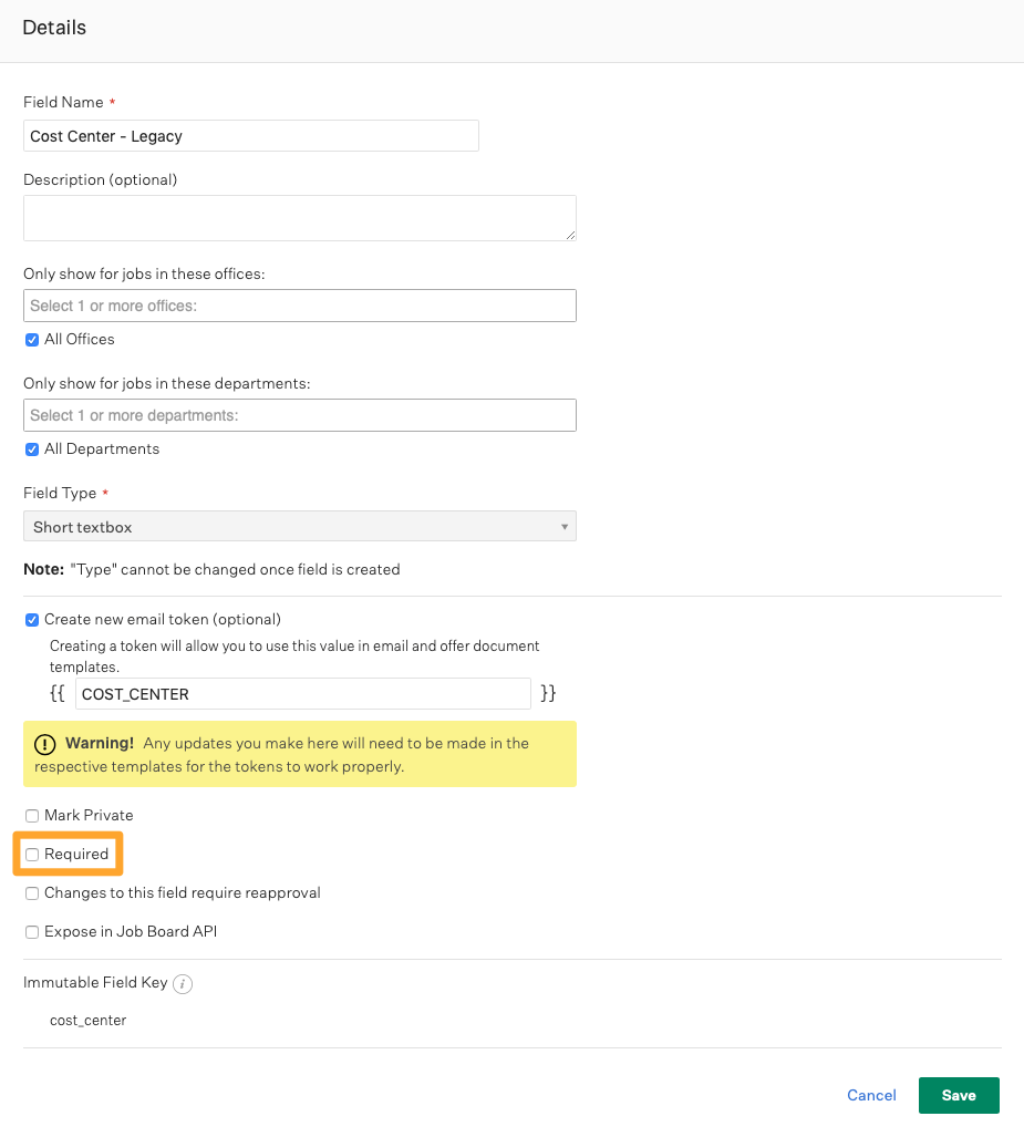 A custom job field shows the Required field unchecked and highlighted by a marigold emphasis box