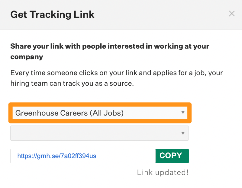 Screenshot of the jobs dropdown in the get tracking link window