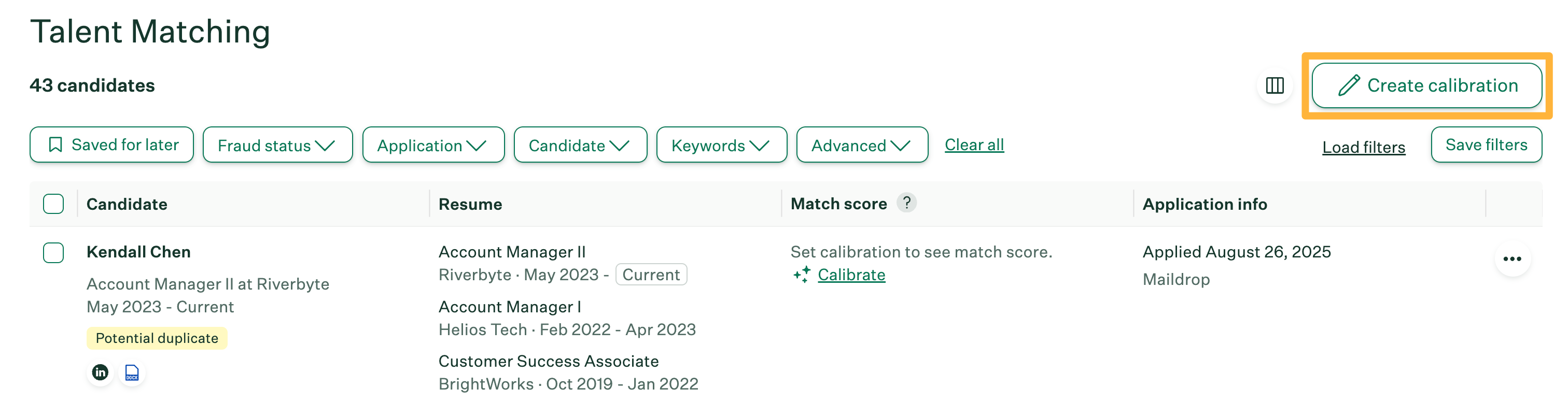 "Create calibration" button in the Talent Matching candidate list.