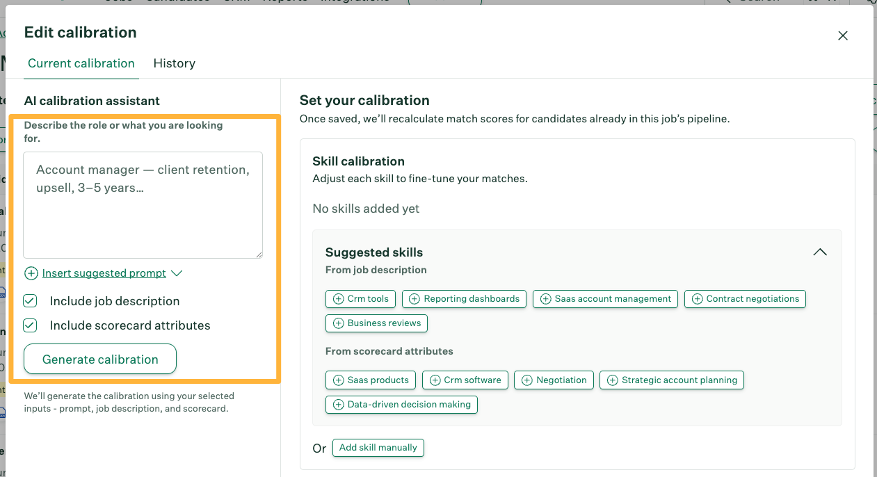 Edit calibration panel showing AI calibration assistant and "Generate calibration" button.