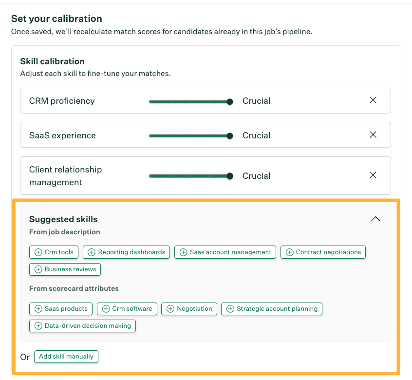 Set calibration panel showing skills settings and suggested skills.