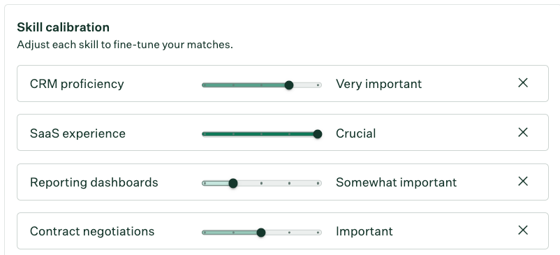 Skills calibration sliders to adjust each skill