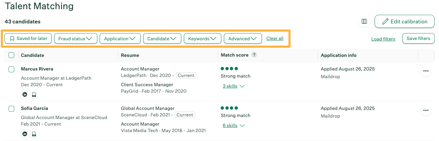Talent Matching table with filters at the top.