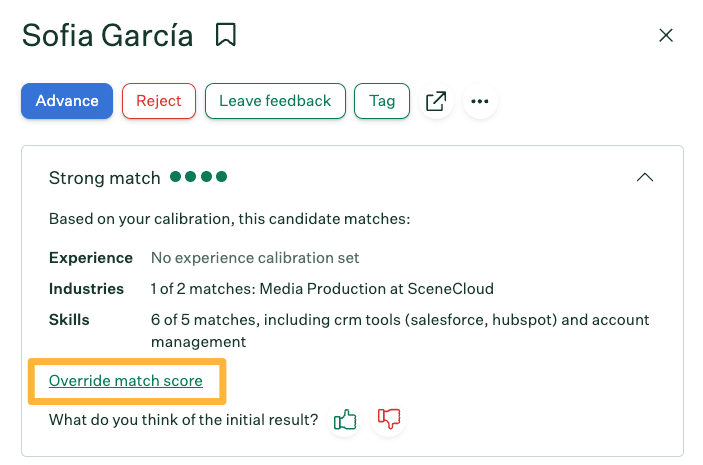 Match summary showing matched results and "Override match score" button.
