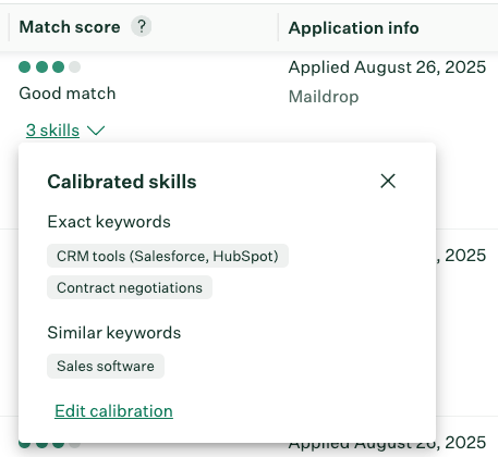 Example of a "Good Match" with 2 exact keyword matches and 1 similar keyword match.