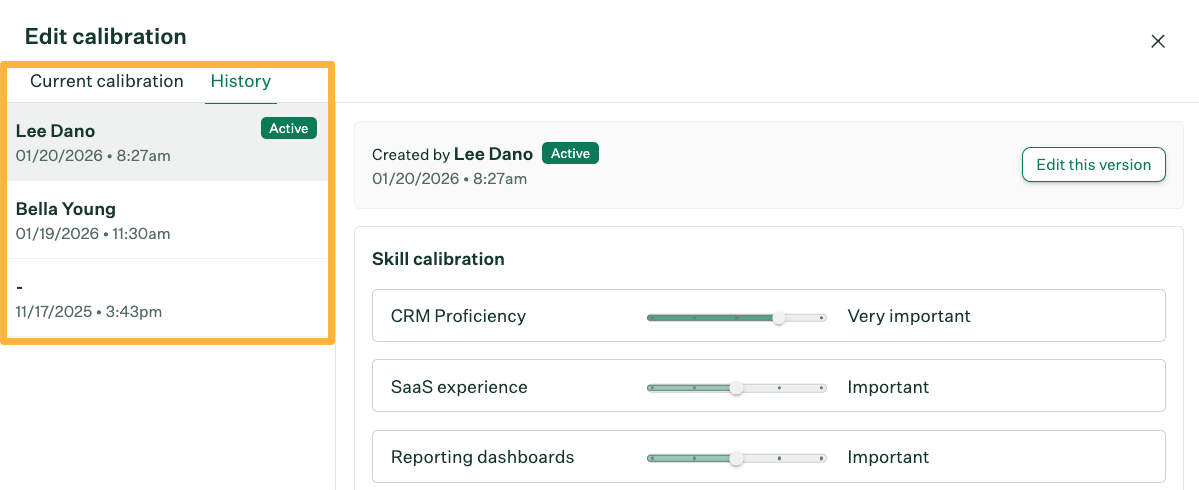 Calibration panel with History tab selected and showing a list of people, dates, and times of past calibrations.
