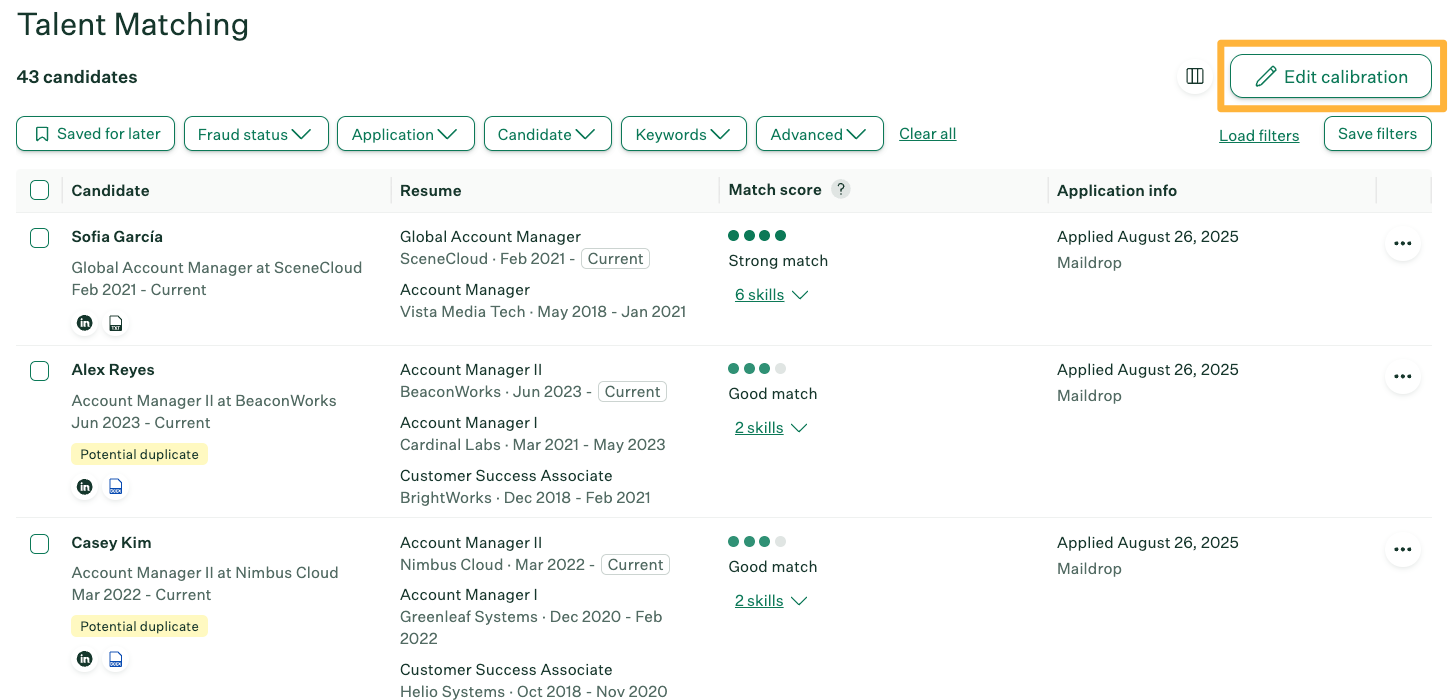 Talent Matching table showing Edit Calibration button