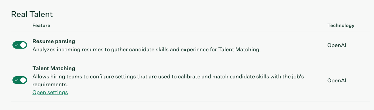 Real Talent Resume parsing and Talent Matching toggles.