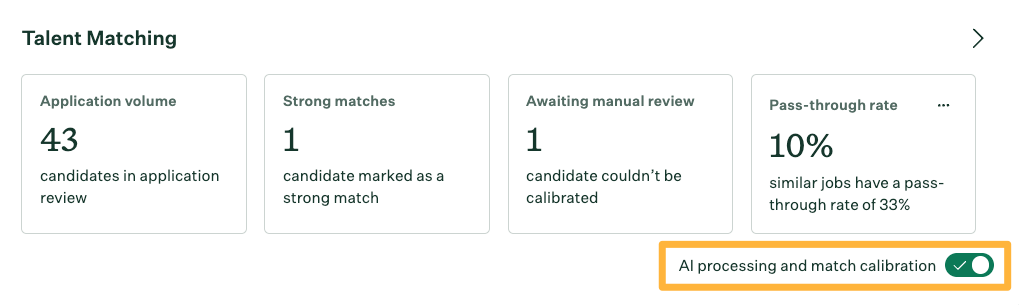 Job_Dashboard > Talent Matching widget showing AI processing toggle