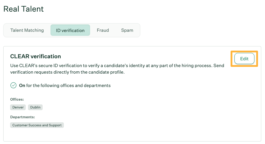 Real Talent setting showing ID verification with "edit" button to adjust CLEAR settings.
