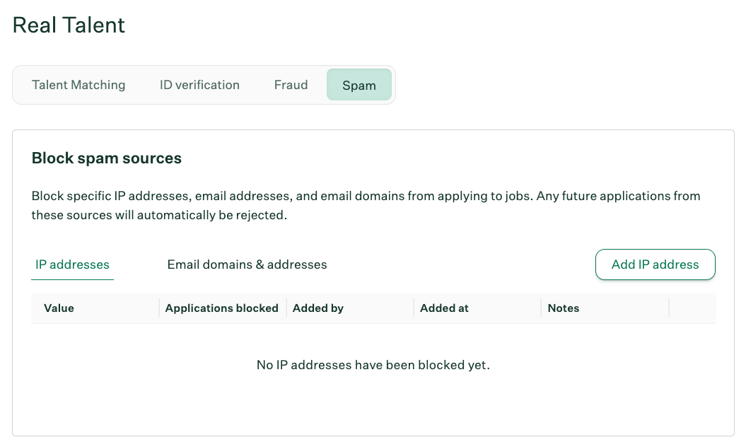 Real Talent settings, showing Spam tab with blocklist options (IP and Email).