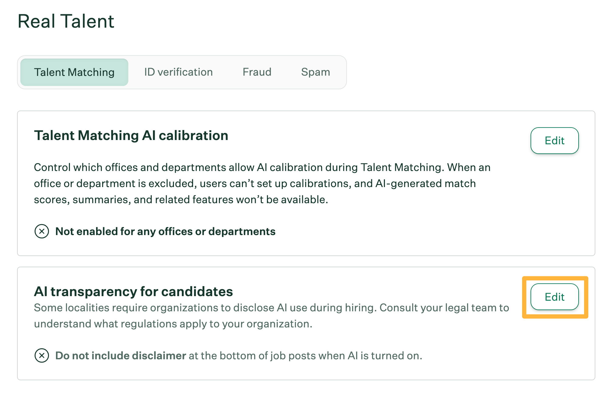 Real Talent > Talent Matching, with the AI transparency for candidates Edit button highlighted.