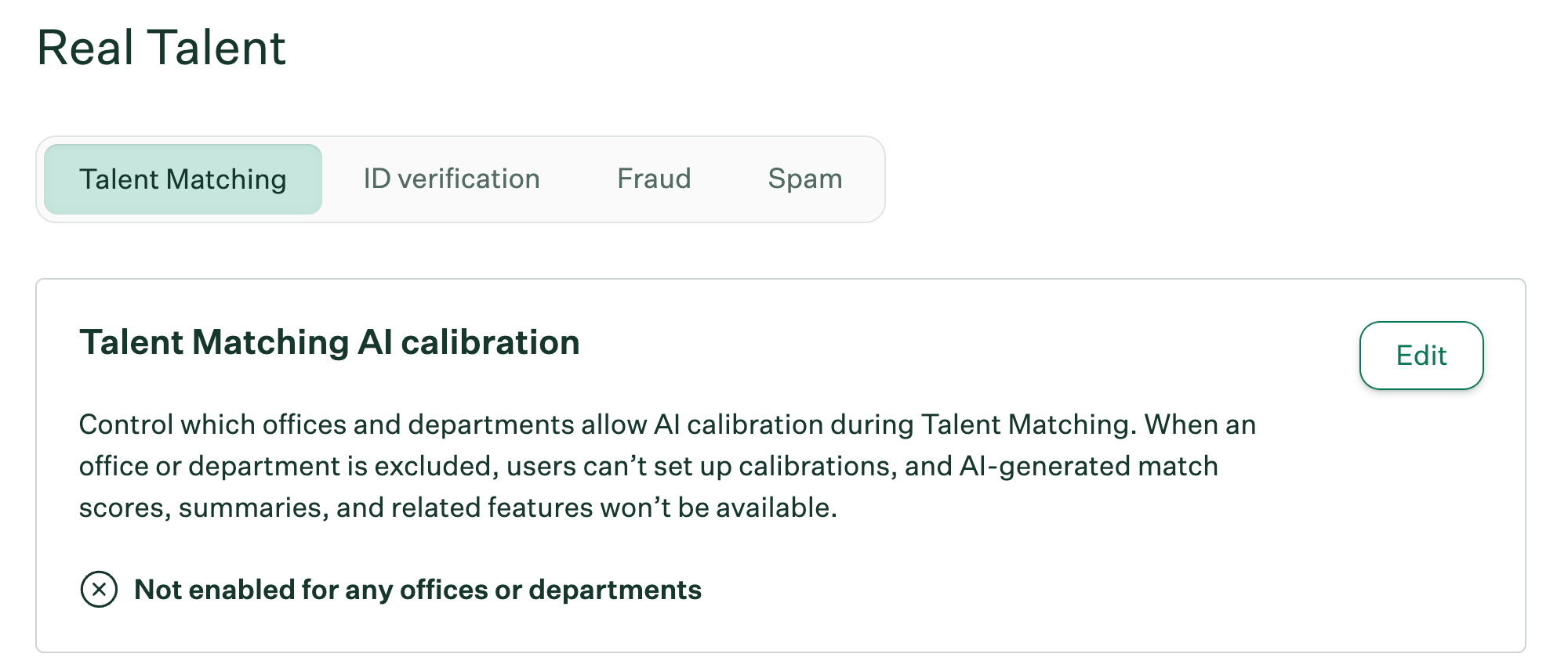 Talent Matching AI Calibration set up with Edit button.