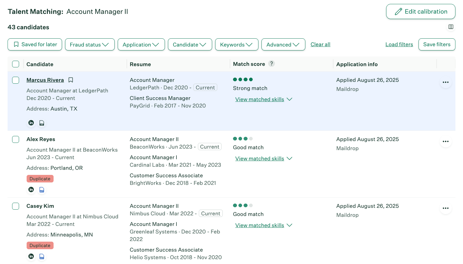 Talent Matching dashboard with Match score column