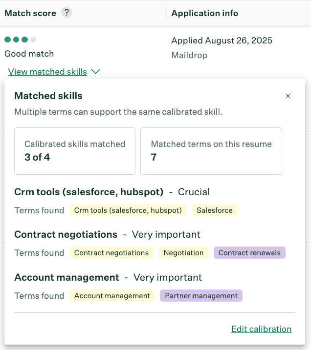 "View matched skills" pop-out showing  3 of 4 calibrated skill matched and 7 matched terms on this resume