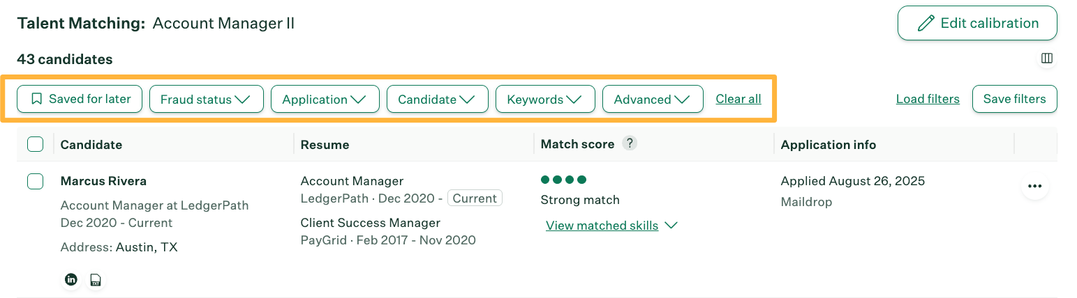 Top of Talent Matching table showing filters, e.g., Fraud status, Application, Candidate, Keywords, Advanced