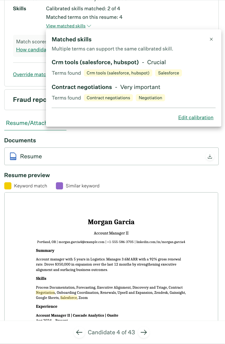 Side panel showing Matched skills pop-out and Resume preview with exact match keywords highlighted