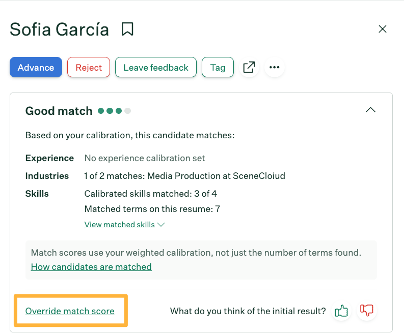 Override match score button at bottom of Match summary box