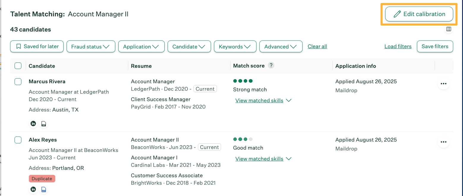 Edit calibration button at top right of Talent Matching dashboard