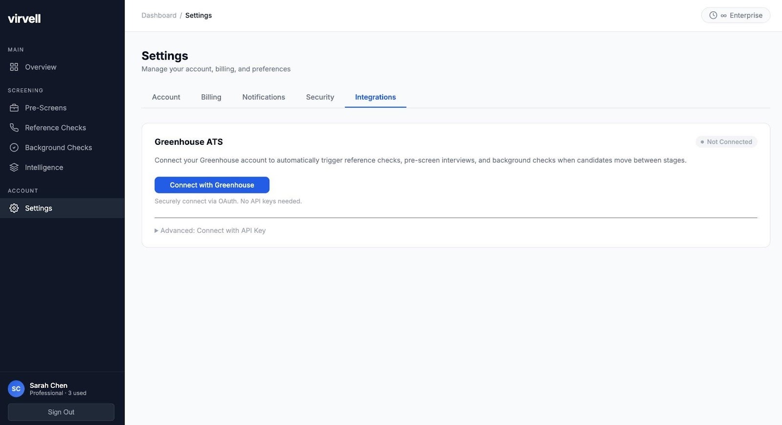 Virvell Settings Integrations page showing Greenhouse ATS card with Connect with Greenhouse button