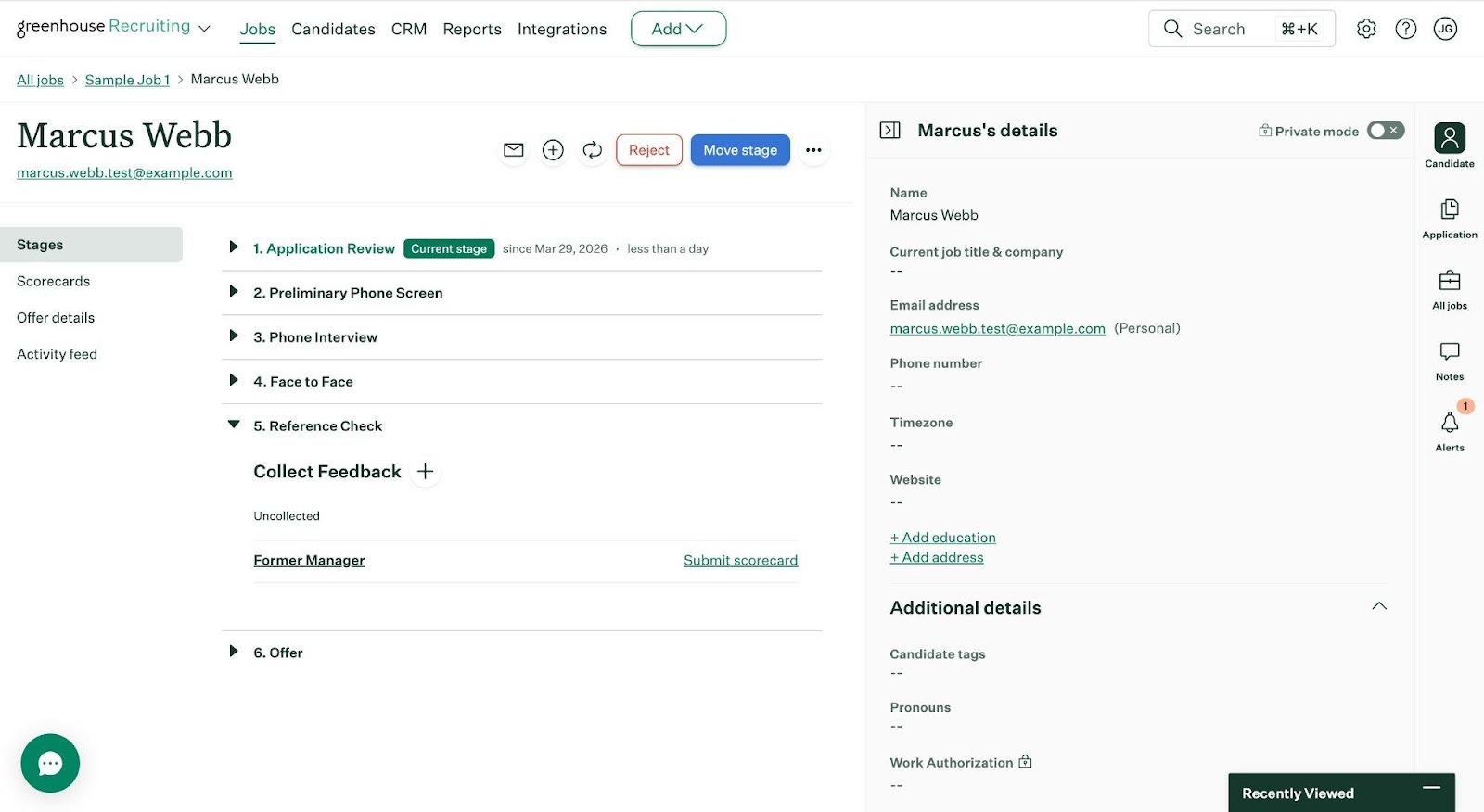 Marcus Webb candidate profile in Greenhouse showing 6 interview stages including Reference Check