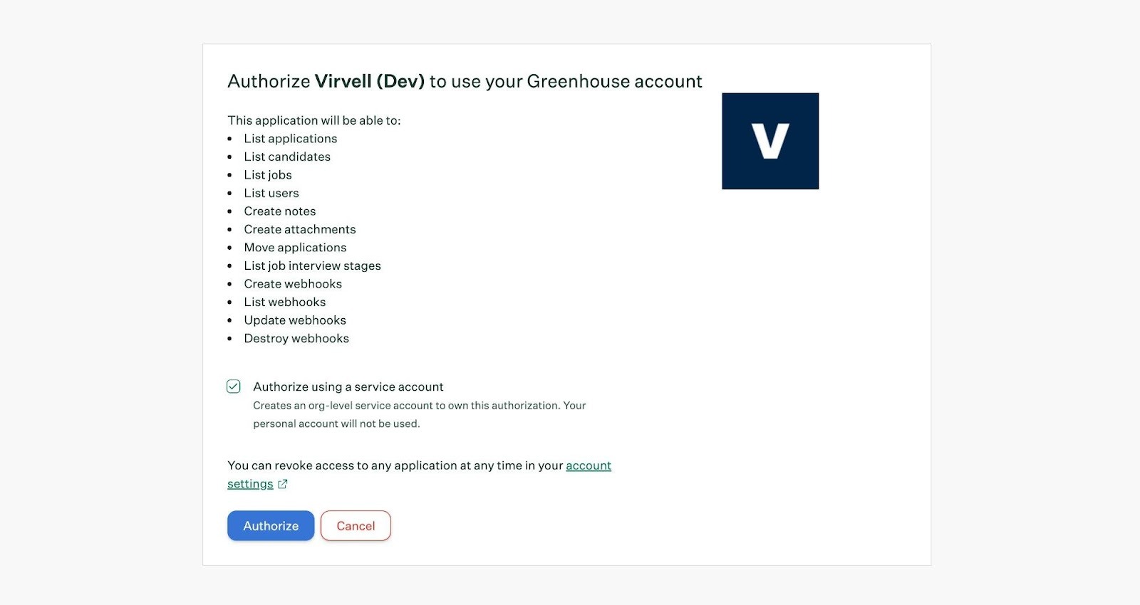 Greenhouse OAuth consent screen showing 12 requested permissions including list applications, create notes, create attachments, and move applications