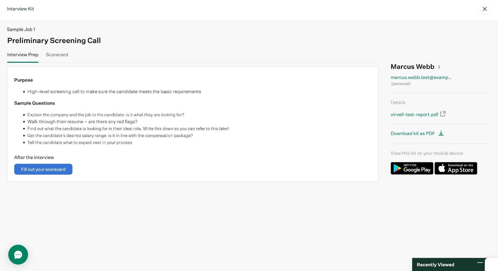 Greenhouse Preliminary Screening Call interview kit showing virvell-test-report.pdf in the Details section