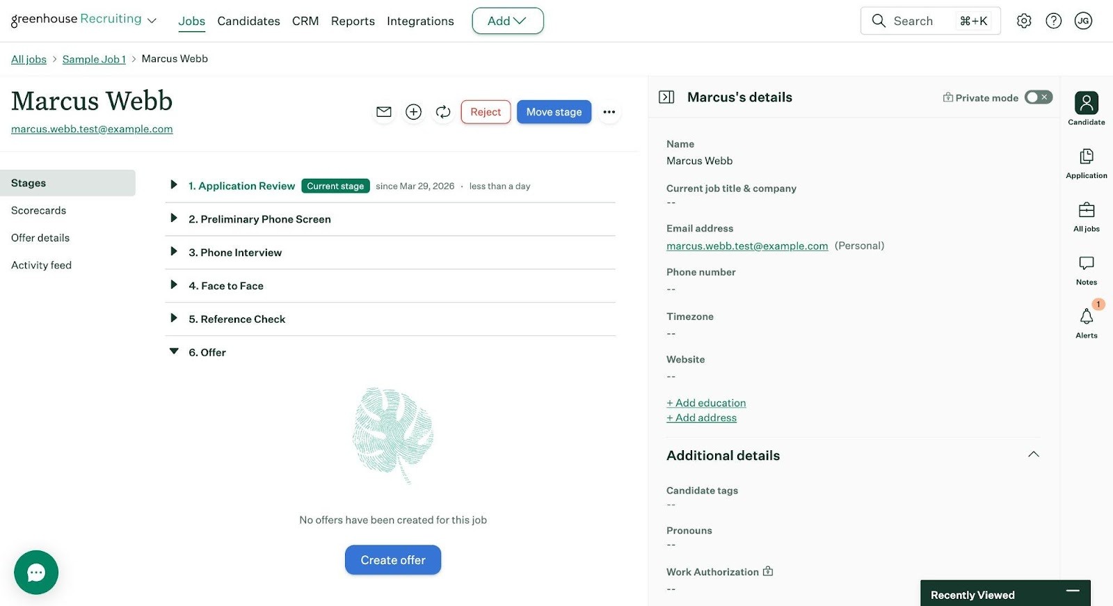 Greenhouse Former Manager interview kit showing the same virvell-test-report.pdf in Details
