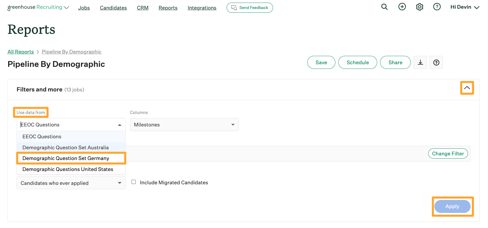 Screenshot of custom demographic question set dropdown