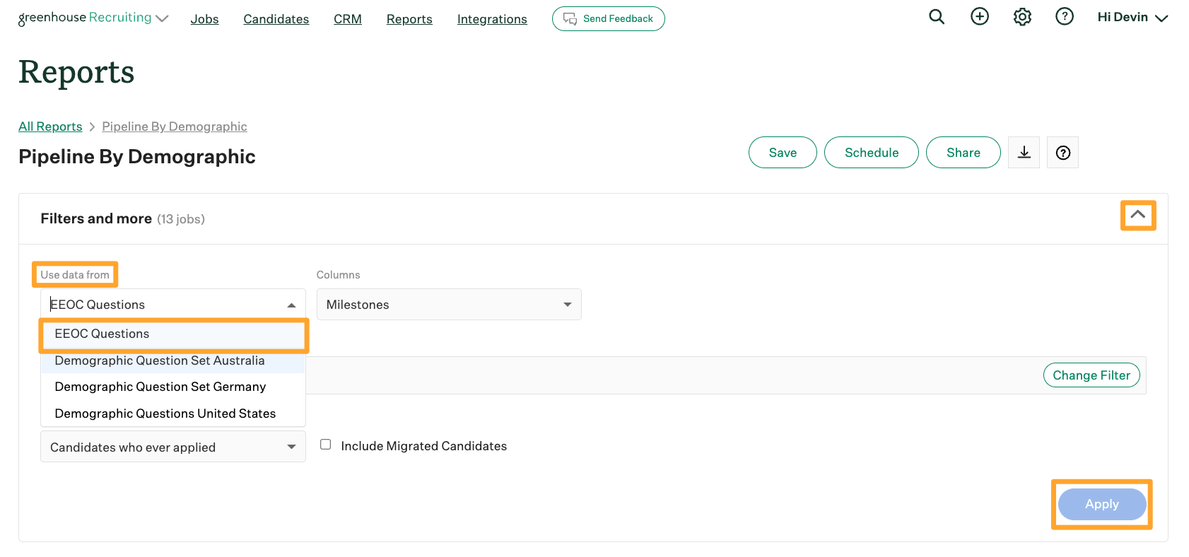 Screenshot of EEOC question set dropdown