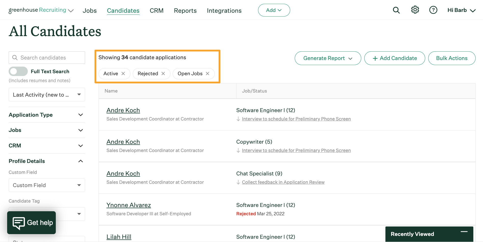 Candidate and prospect filters – Greenhouse Support