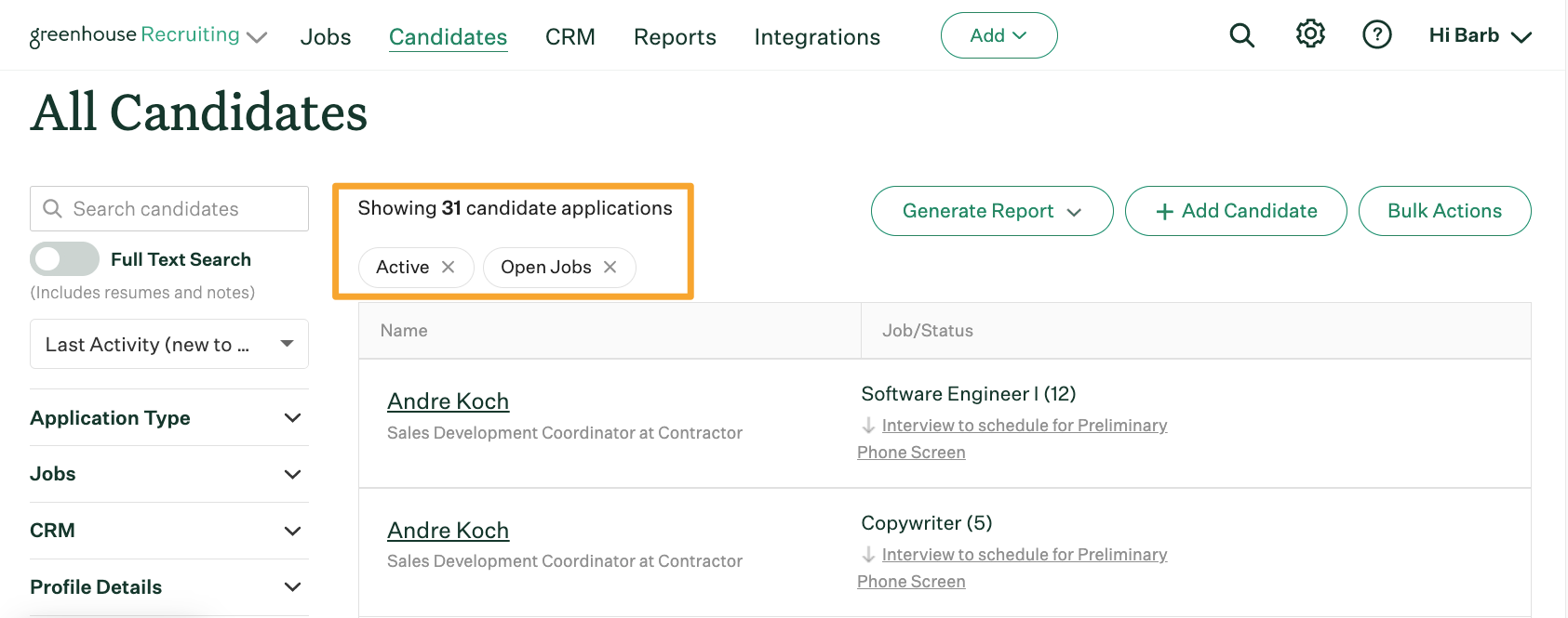 Candidate and prospect filters – Greenhouse Support