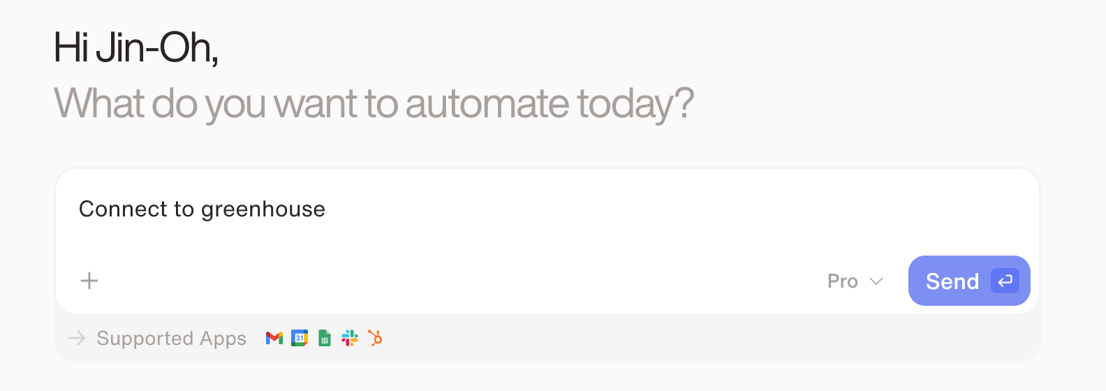 Dataleap agent chat interface with Supported Apps panel showing Greenhouse